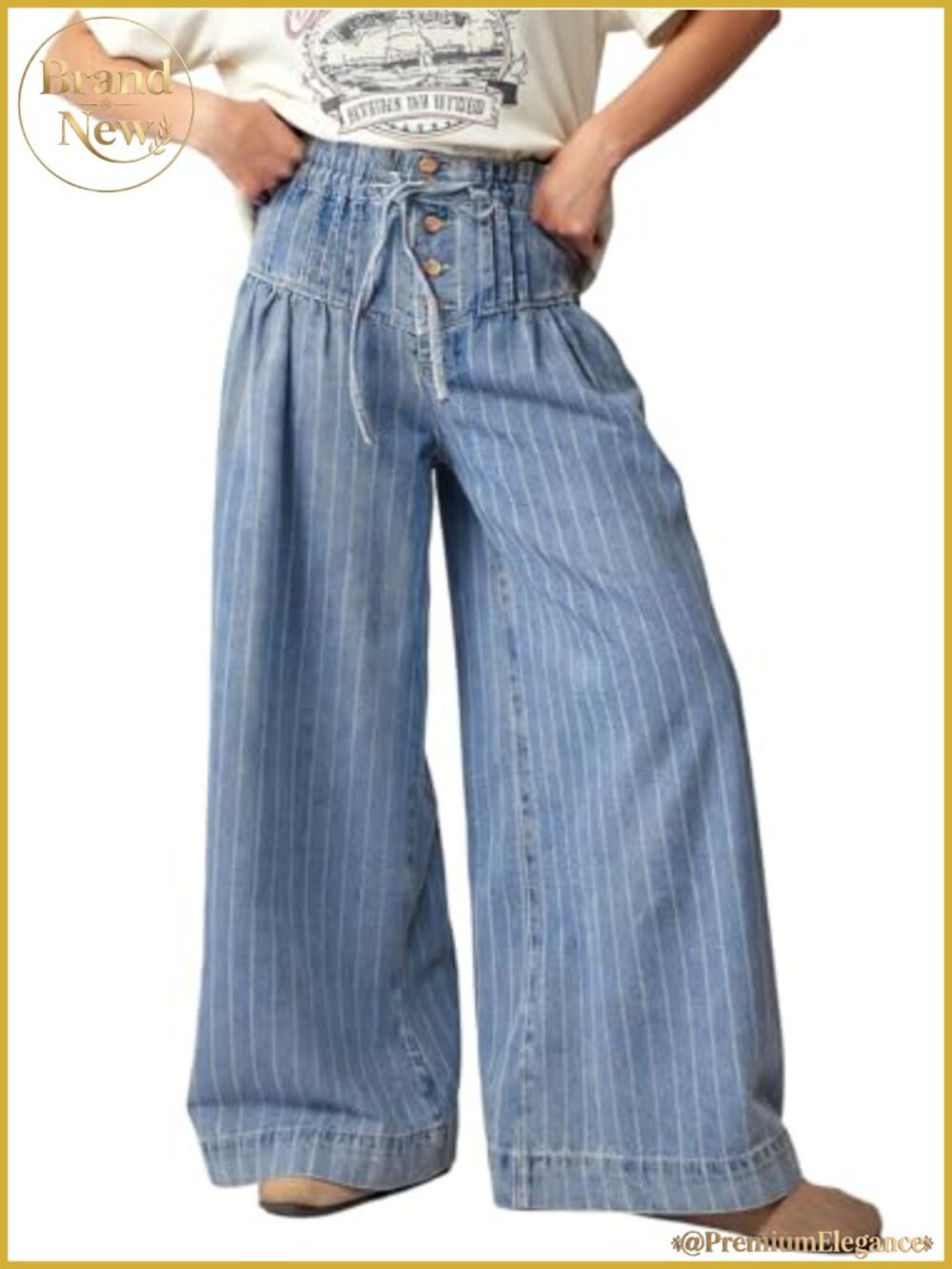 Baggy Wide Leg Denim Jeans with Drawstring Waist - Ruffle Pleated Flare Pants
